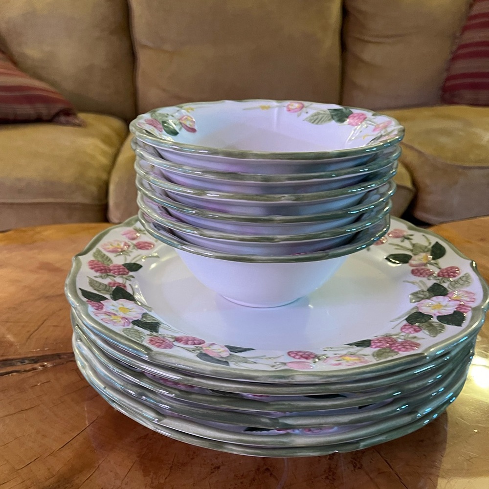 Elegant Floral Dinnerware Set - White , green , pink , and raspberries.